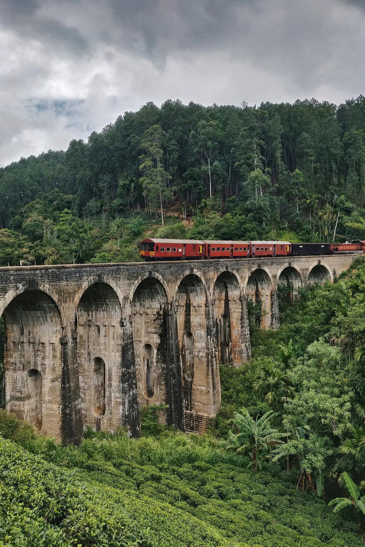 A train crossing the historic Nine Arch Bridge surrounded by lush green jungle and tea country in Ella, Sri Lanka.